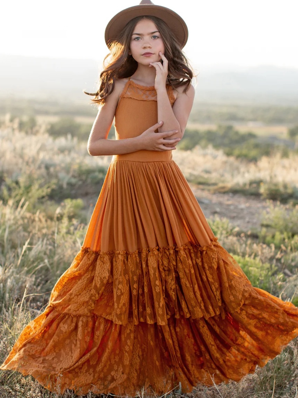 Joyfolie Rust Orange Lace-Trim Maxi Dress